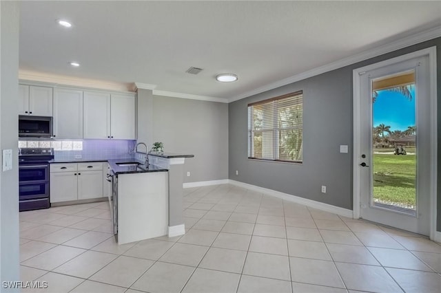 1654 Double Eagle Trl, Naples, FL 34120 - kitchen with stainless steel appliances, a peninsula, a sink, dark countertops, and crown molding