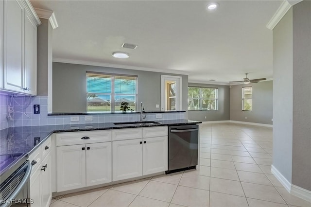 kitchen featuring white cabinetry, sink, dark stone countertops, decorative backsplash, and stainless steel dishwasher