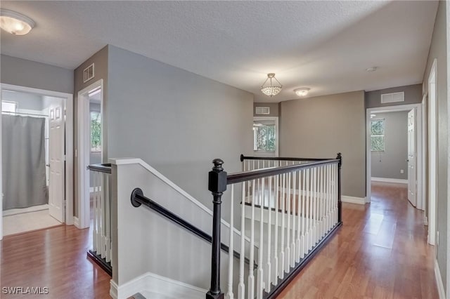 stairs with hardwood / wood-style flooring and a textured ceiling