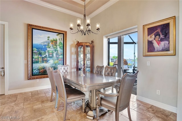 dining room with crown molding and a notable chandelier