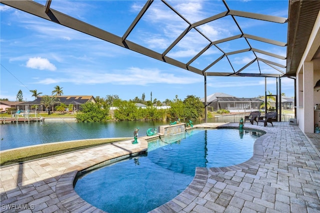 view of swimming pool featuring a lanai, a patio area, and a water view