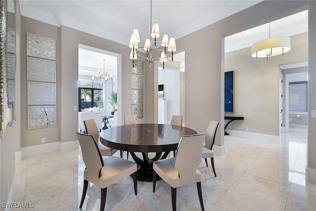 dining area featuring an inviting chandelier and ornamental molding