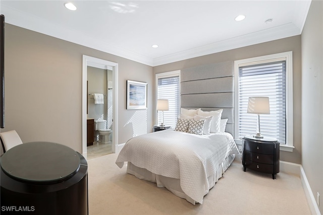 carpeted bedroom featuring crown molding