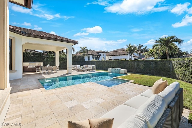 view of swimming pool featuring an in ground hot tub, outdoor lounge area, pool water feature, and a patio area