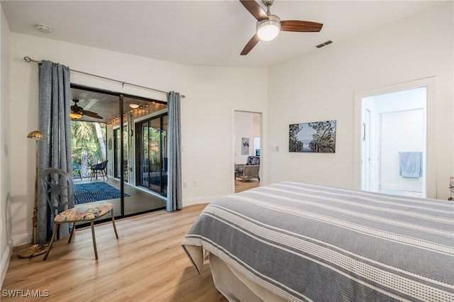 bedroom with access to exterior, light hardwood / wood-style floors, and ceiling fan