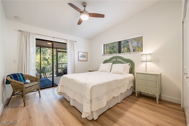 bedroom with ceiling fan, lofted ceiling, access to exterior, and light hardwood / wood-style flooring