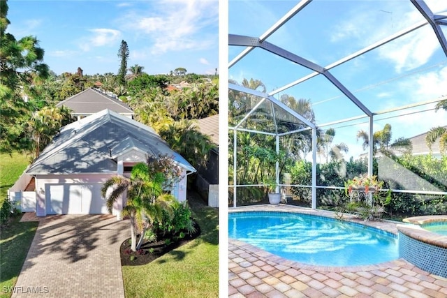 view of pool featuring a patio area and glass enclosure