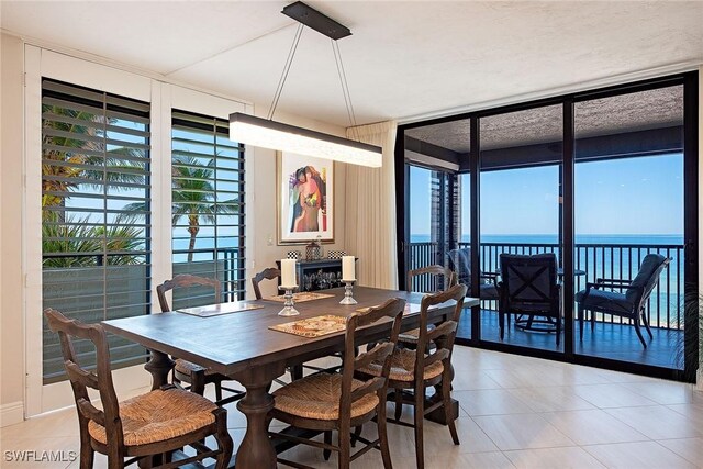 tiled dining space with a water view, a healthy amount of sunlight, and a wall of windows