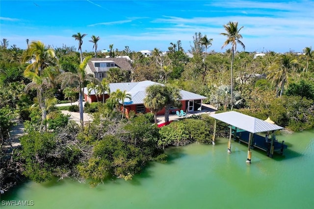 bird's eye view with a water view