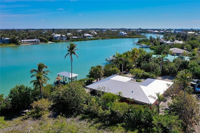 drone / aerial view with a water view