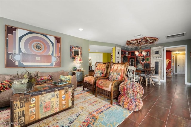 living room with tile patterned floors