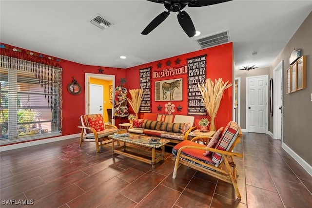 living room featuring ceiling fan