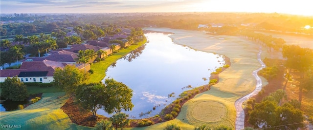 aerial view at dusk featuring a water view