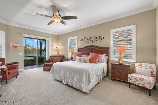 bedroom featuring ceiling fan, light colored carpet, ornamental molding, and access to exterior