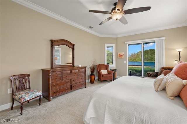 bedroom with crown molding, access to outside, light colored carpet, and ceiling fan