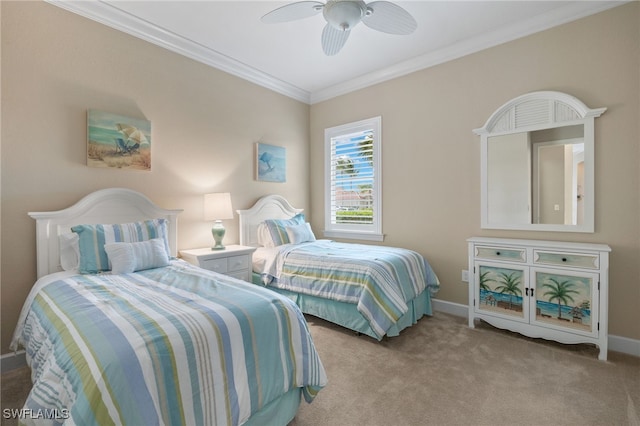 bedroom with light carpet, crown molding, and ceiling fan