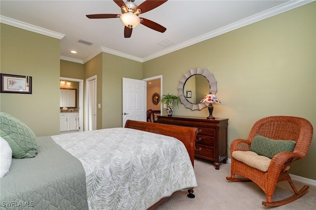 carpeted bedroom with ceiling fan, ornamental molding, connected bathroom, and a closet