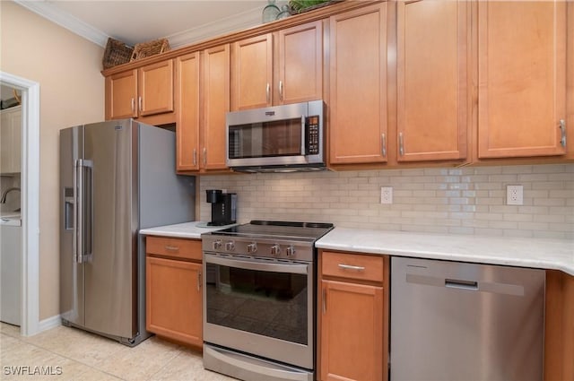 kitchen featuring tasteful backsplash, ornamental molding, appliances with stainless steel finishes, and light tile patterned flooring