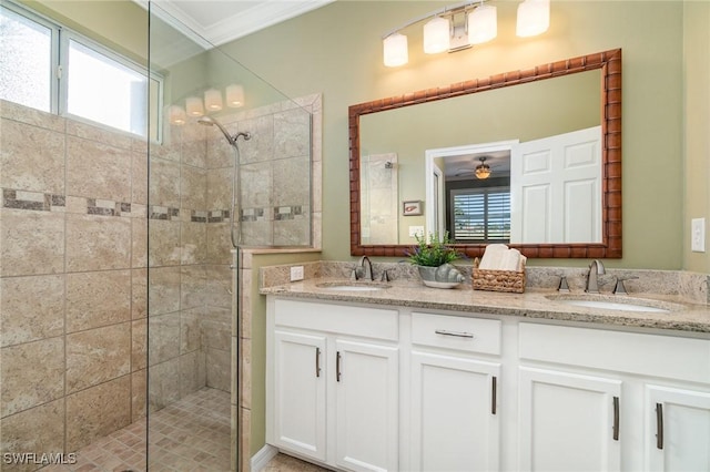 bathroom with walk in shower, ornamental molding, vanity, and plenty of natural light