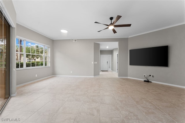 unfurnished living room with light tile patterned flooring, ceiling fan, and ornamental molding