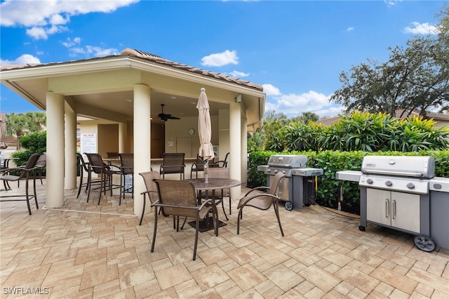 view of patio featuring a ceiling fan, an outdoor bar, and grilling area