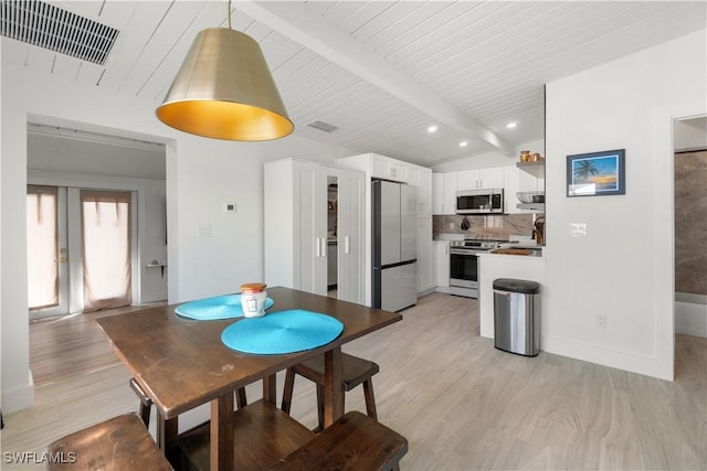 dining space with french doors, wooden ceiling, light wood-type flooring, and vaulted ceiling with beams