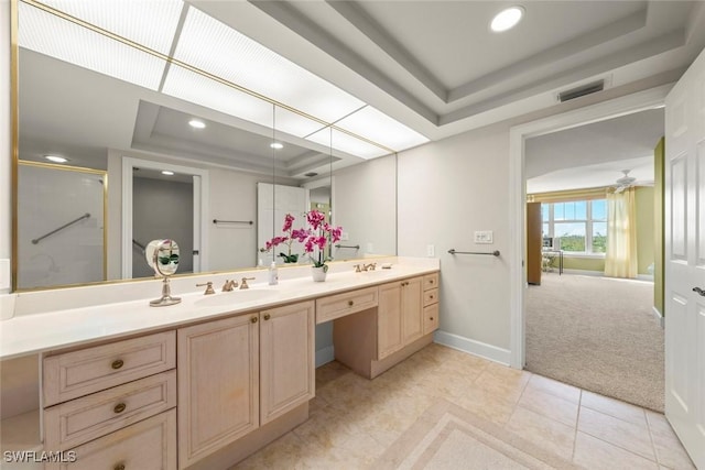 2619 Wulfert Rd Unit 5, Sanibel, FL 33957 - full bath featuring a raised ceiling, double vanity, baseboards, recessed lighting, and a shower with door