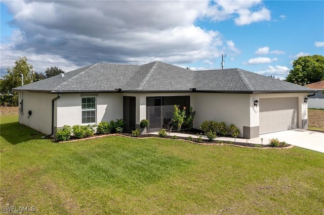 single story home featuring a garage and a front yard