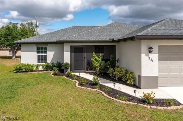 exterior space featuring a garage and a lawn