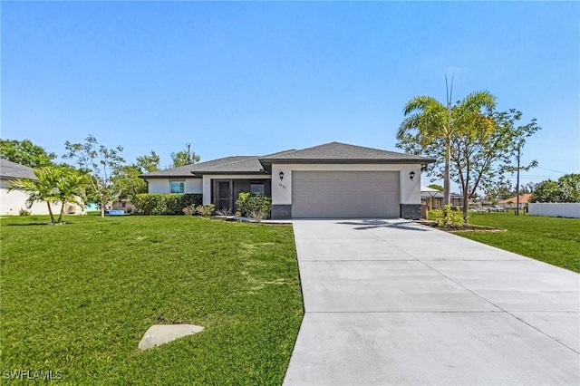 view of front of house featuring stucco siding, a front lawn, concrete driveway, and an attached garage