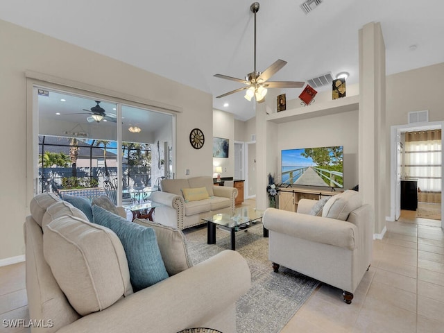 living room featuring high vaulted ceiling, light tile patterned floors, and ceiling fan