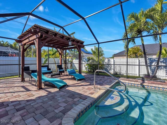 view of swimming pool featuring a lanai and a patio