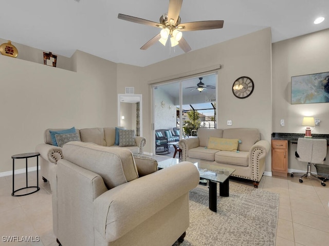 tiled living room featuring built in desk and ceiling fan