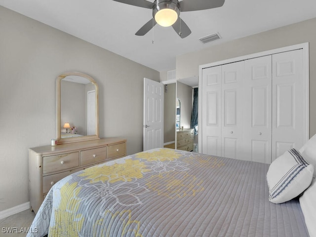 bedroom featuring ceiling fan and a closet