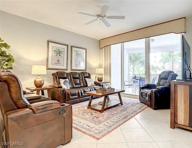 tiled living room featuring ceiling fan