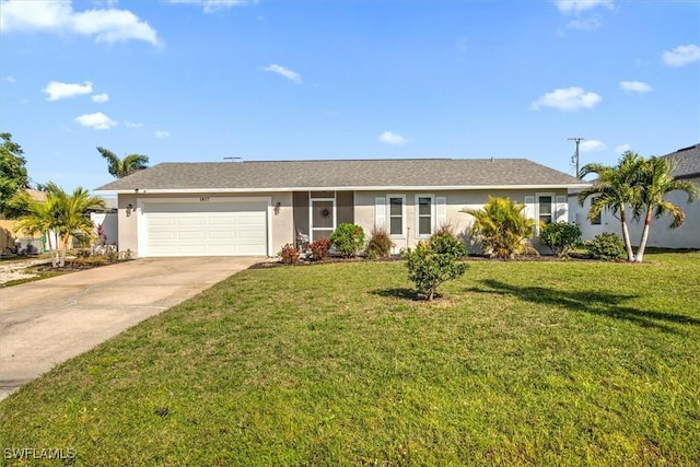 ranch-style home with a garage and a front yard