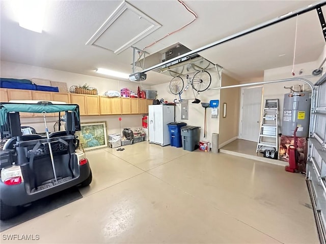 garage with white fridge with ice dispenser, electric water heater, and a garage door opener