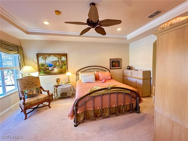 28880 Kiranicola Ct, Bonita Springs, FL 34135 - bedroom featuring a tray ceiling, carpet flooring, crown molding, ceiling fan, and recessed lighting