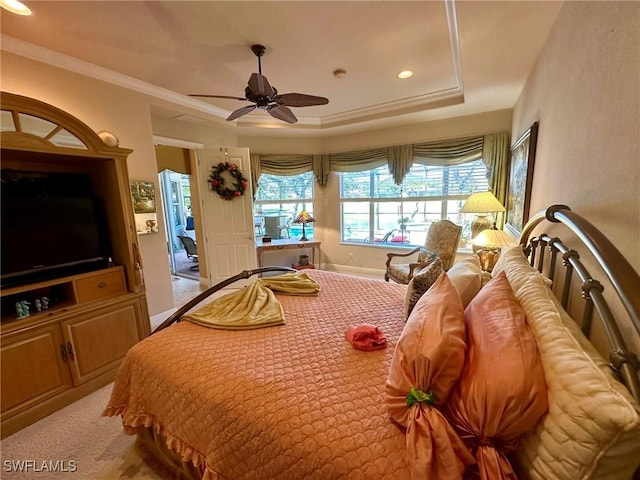 28880 Kiranicola Ct, Bonita Springs, FL 34135 - bedroom featuring a tray ceiling, recessed lighting, light carpet, ceiling fan, and ornamental molding