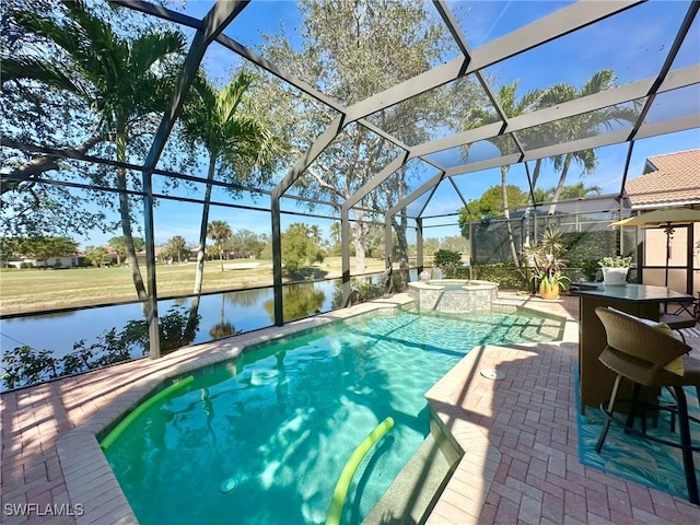 view of swimming pool featuring a patio, a water view, a lanai, and a pool with connected hot tub