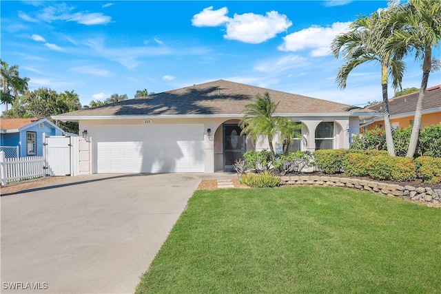 ranch-style house with a garage and a front lawn