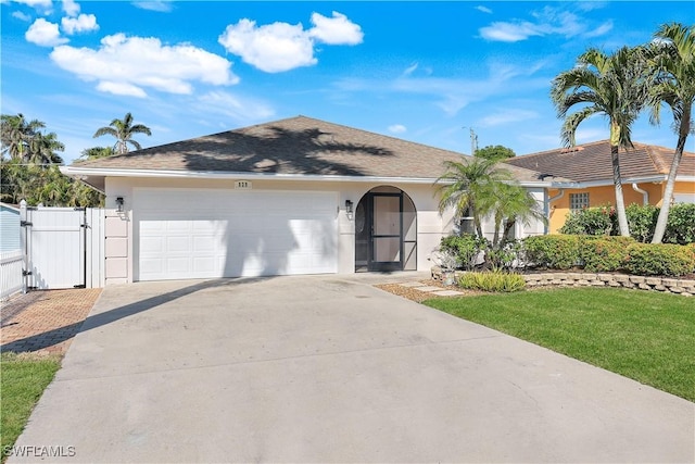 ranch-style house with a garage and a front lawn