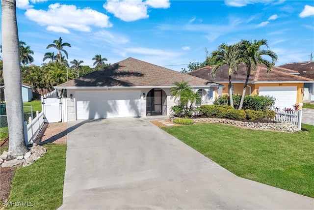 ranch-style home featuring a garage and a front lawn