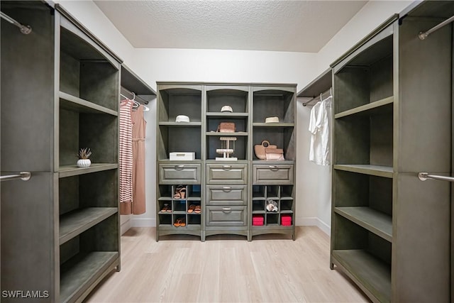 walk in closet with light hardwood / wood-style floors