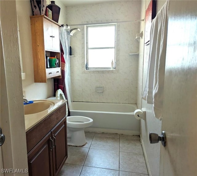 full bathroom with tile patterned flooring, vanity, shower / tub combo, and toilet