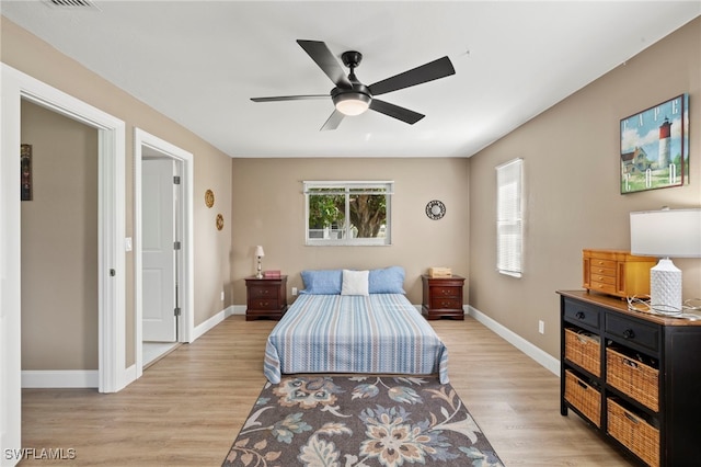 bedroom with ceiling fan and light hardwood / wood-style flooring