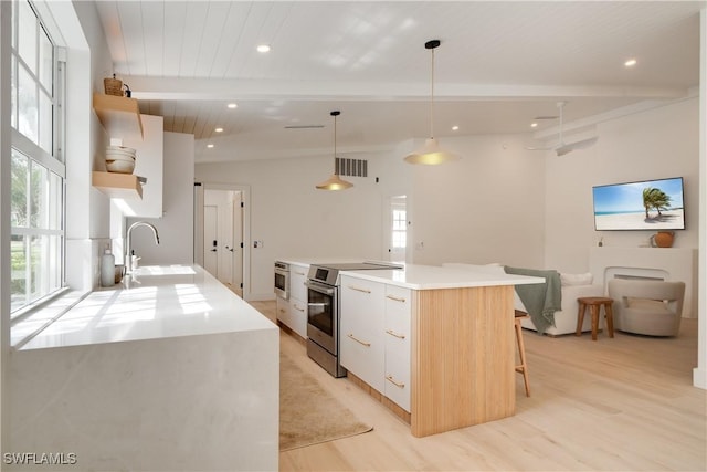 kitchen with a sink, visible vents, beam ceiling, open shelves, and stainless steel range with electric stovetop