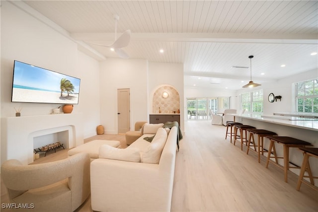 living room featuring light wood-type flooring, wood ceiling, beam ceiling, and recessed lighting