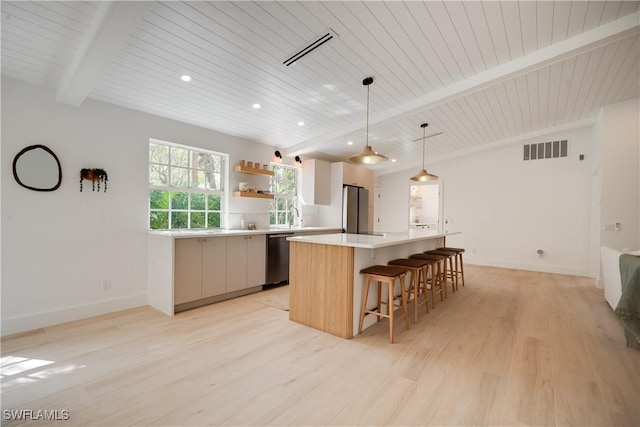 kitchen featuring visible vents, stainless steel appliances, beam ceiling, and a center island