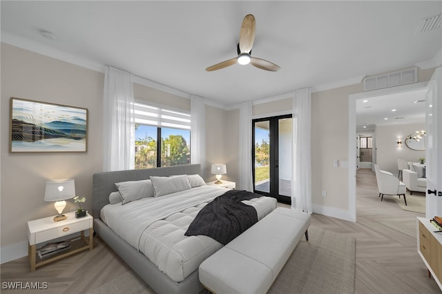 bedroom featuring french doors, crown molding, access to outside, ceiling fan, and light parquet floors